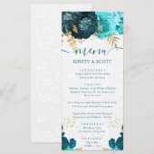 Menu Fleurs de mariage à l'aquarelle sarcelle et or (Devant / Derrière)