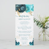 Menu Fleurs de mariage à l'aquarelle sarcelle et or (Debout devant)