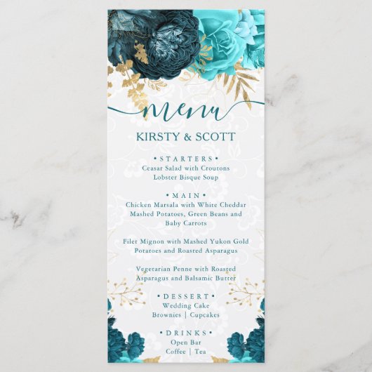 Menu Fleurs de mariage à l'aquarelle sarcelle et or (Devant)