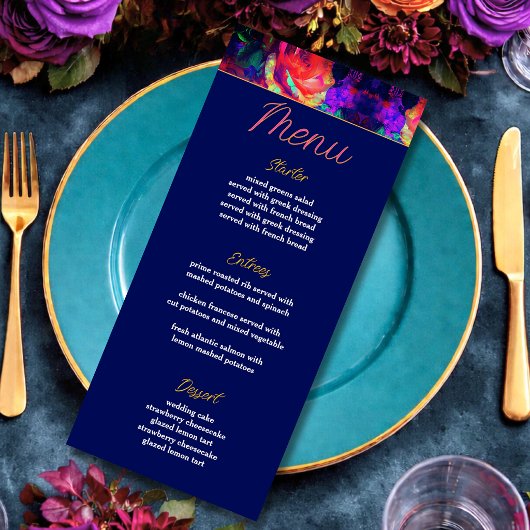 Menu Fleurs de mariage chic colorées lumineuses