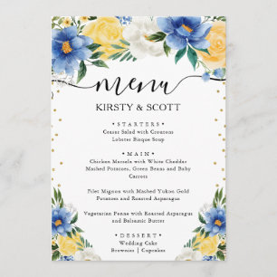 Menu Fleurs de mariage d'été bleu et jaune