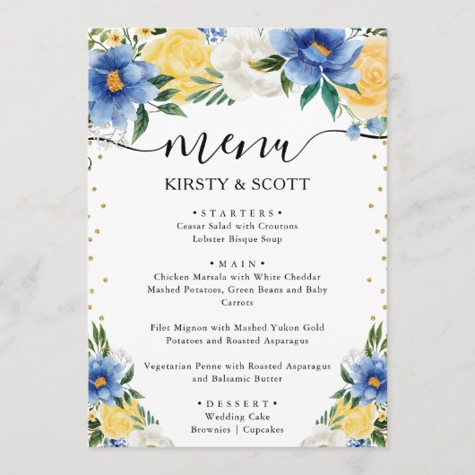 Menu Fleurs de mariage d'été bleu et jaune (Devant)
