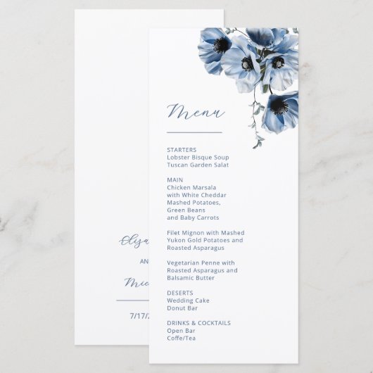 Menu Fleurs de mariage transparentes bleues (Devant / Derrière)