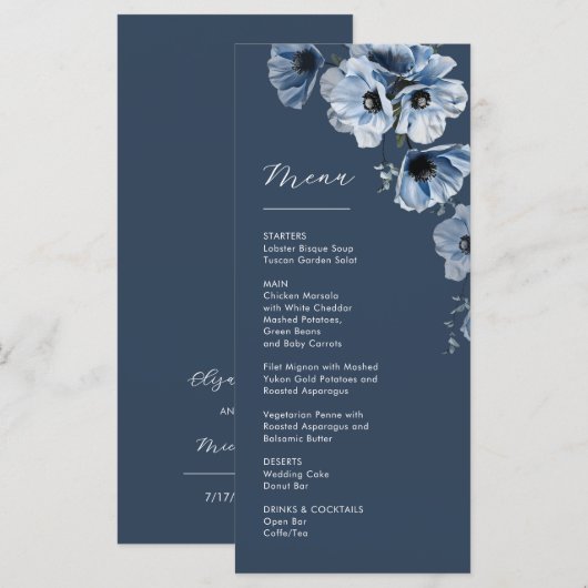 Menu Fleurs de mariage transparentes bleues (Devant / Derrière)