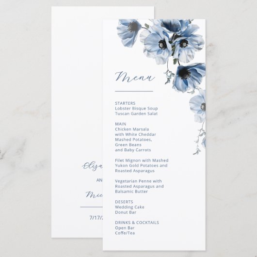 Menu Fleurs de mariage transparentes bleues (Devant / Derrière)