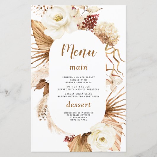 Menu Fleurs de Pampas à l'aquarelle (Devant)