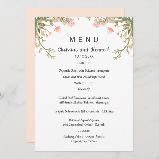 Menu Fleurs de prés roses délicates Mariage ou fête (Devant / Derrière)