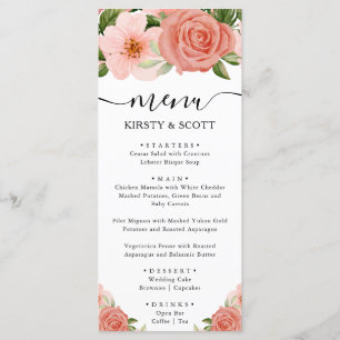 Menu Fleurs de roses roses aquarelle mariage