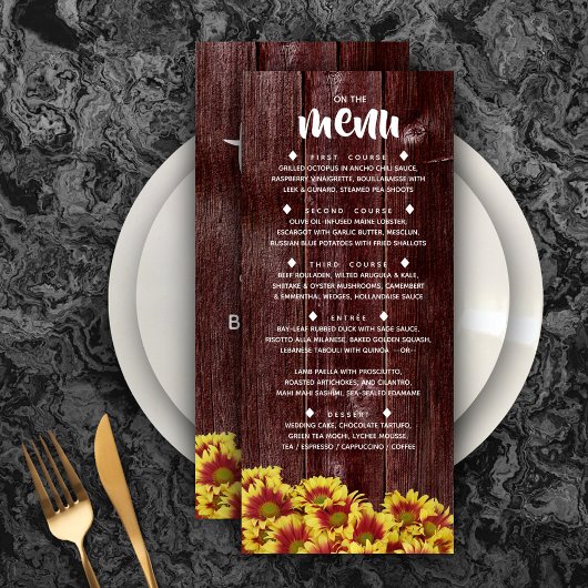 Menu Fleurs de soleil d'automne rustiques sur Mariage d