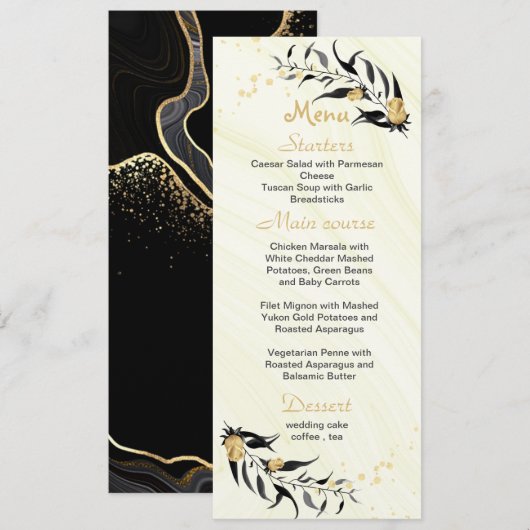 Menu fleurs d'or et mariage feuille noir (Devant / Derrière)
