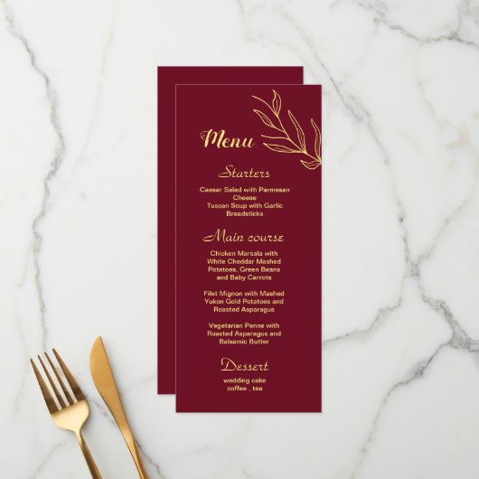 Menu Fleurs d'or simples mariage bordeaux (Devant/Arrière en situation)