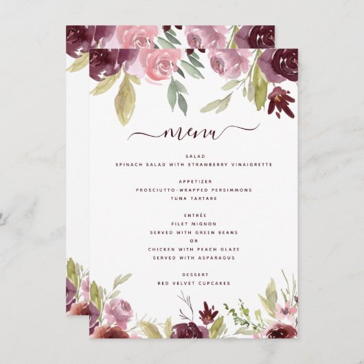 Menu Fleurs Élégantes Bourgogne Réception De Mariage Fl (Devant / Derrière)