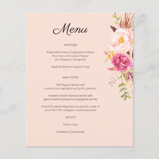 Menu Fleurs Épanouies Rose Pâle de Budget (Devant)