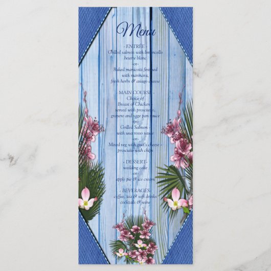 Menu Fleurs graphiques roses sur tissu en bois bleu (Devant)