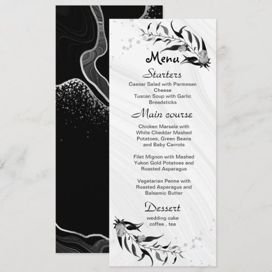 Menu fleurs gris argenté et mariage feuille noir (Devant / Derrière)