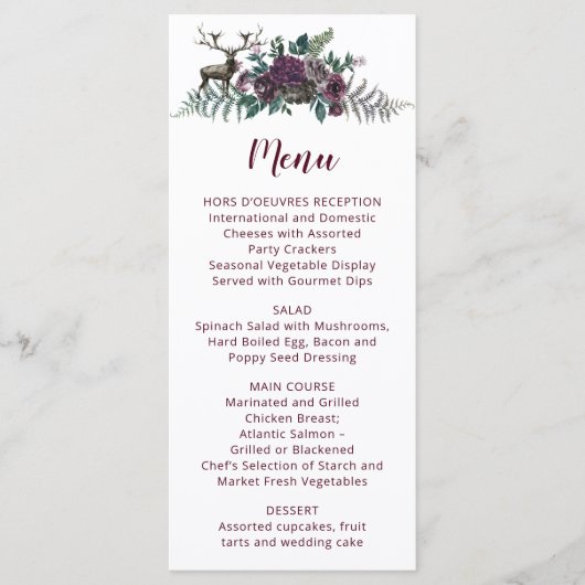 Menu Fleurs gris bordeaux aquarelle avec cerf (Devant)