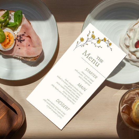 Menu Fleurs Jaunes Vintage Élégantes Rustique Vert