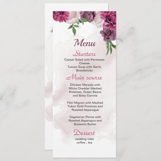 Menu fleurs mauves roses verdure mariage (Devant / Derrière)