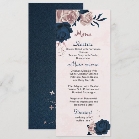 Menu fleurs rose et marine & mariage feuille (Devant / Derrière)