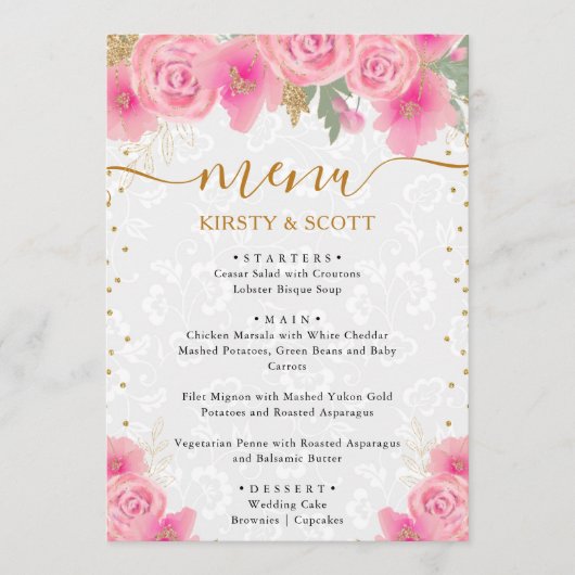 Menu Fleurs roses aquarelle mariage (Devant)