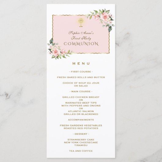 Menu Fleurs roses de luxe Gold First Holy Communion Men (Devant)