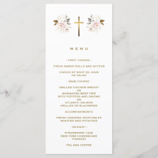Menu Fleurs roses élégantes Croix d'or Baptême fille
