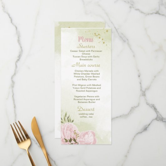 Menu fleurs roses verdure mariage (Devant/Arrière en situation)