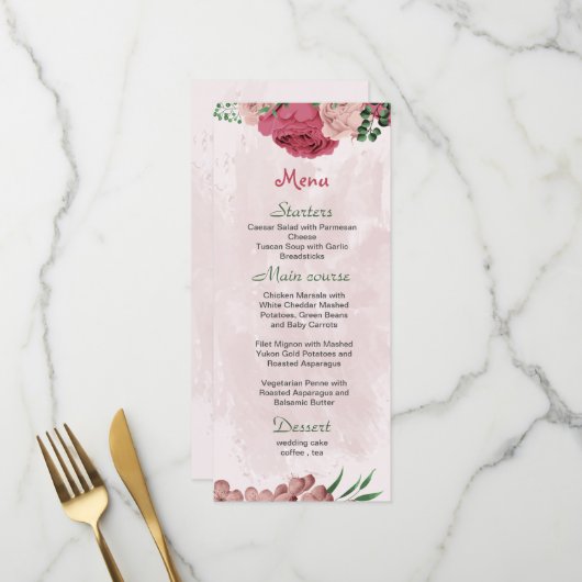 Menu fleurs roses vert feuille mariage botanique (Devant/Arrière en situation)