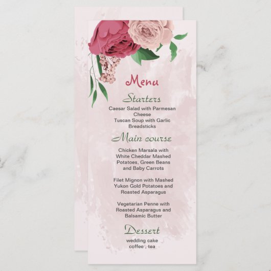 Menu fleurs roses vert feuille mariage botanique (Devant / Derrière)