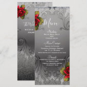 Menu Fleurs Rouge Ornementales Argentées Antiques  (Devant / Derrière)