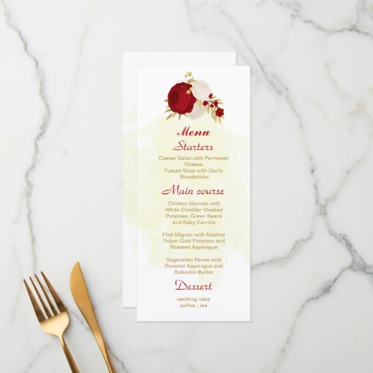 Menu fleurs rouges et blanches foncées or mariage botan (Devant/Arrière en situation)