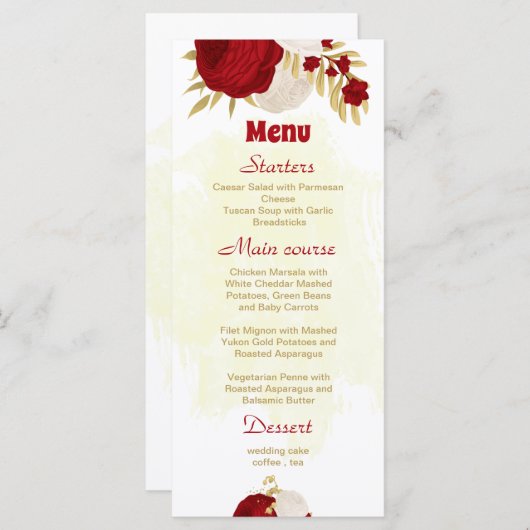 Menu fleurs rouges et blanches foncées or mariage botan (Devant / Derrière)