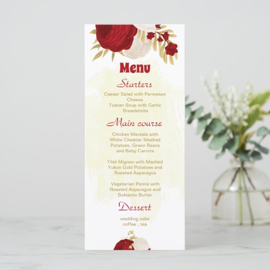 Menu fleurs rouges et blanches foncées or mariage botan (Debout devant)