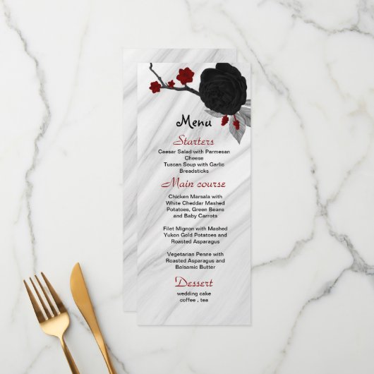Menu fleurs rouges et noires belle mariage (Devant/Arrière en situation)