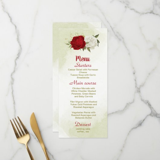 Menu fleurs rouges vert feuille mariage (Devant/Arrière en situation)