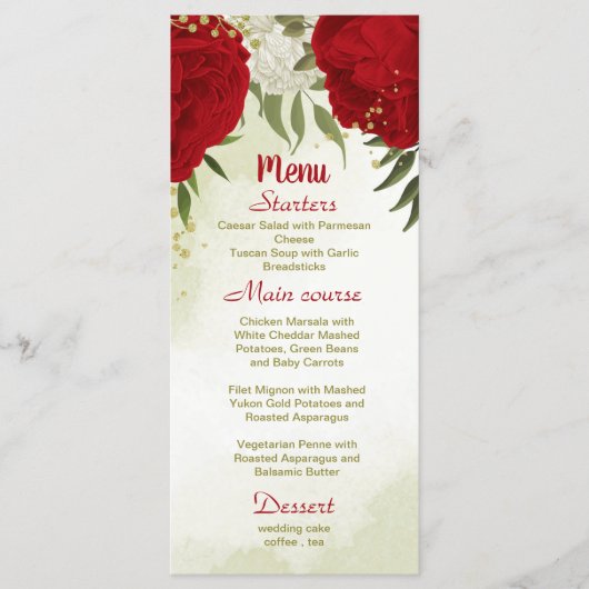Menu fleurs rouges vert feuille mariage (Devant)