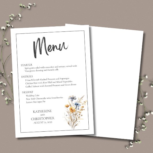 Menu Fleurs sauvages Bleus Moderne Élégant Mariage Flor