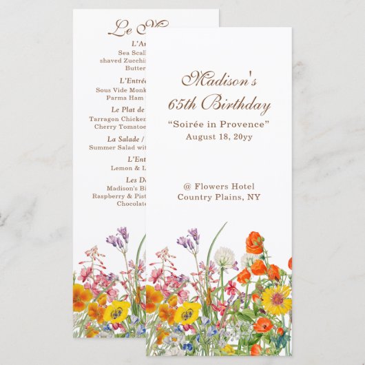 Menu Fleurs Sauvages Colorées 65e Anniversaire (Devant / Derrière)