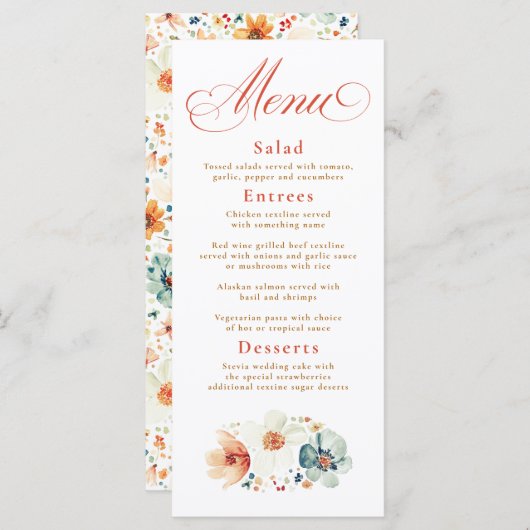 Menu Fleurs sauvages d'aquarelle Boho Mariage de automn (Devant / Derrière)