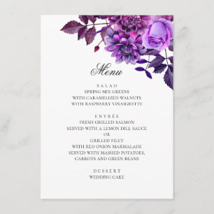 Menu Fleurs violettes à l'aquarelle. Mariage floral lav