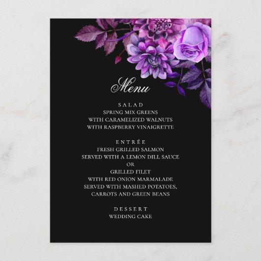 Menu Fleurs violettes à l'aquarelle. Mariage noir flora (Devant)