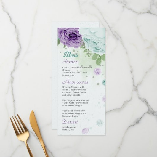 Menu fleurs violettes bleues verdure botanique (Devant/Arrière en situation)