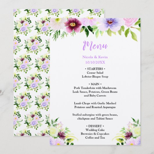 Menu Fleurs violettes de printemps avec feuillage (Devant / Derrière)