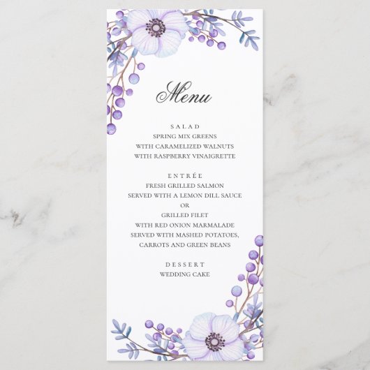 Menu Fleurs violettes. Dîner de mariage floral violet (Devant)