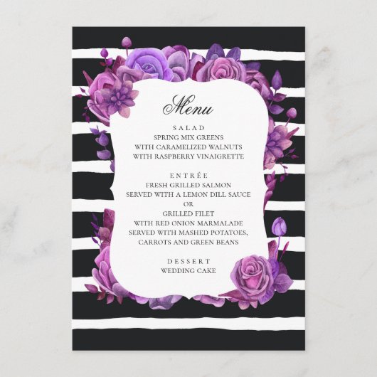 Menu Fleurs violettes et roses. Mariage rayé noir (Devant)