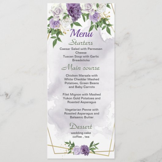 Menu fleurs violettes mariage vert (Devant)