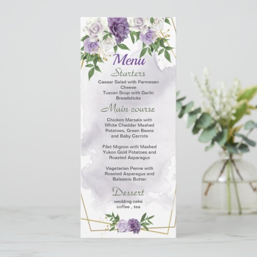 Menu fleurs violettes mariage vert (Debout devant)