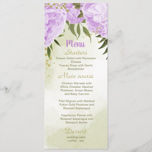 Menu fleurs violettes mariage vert (Devant)