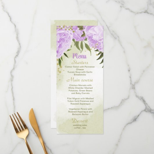 Menu fleurs violettes mariage vert (Devant/Arrière en situation)