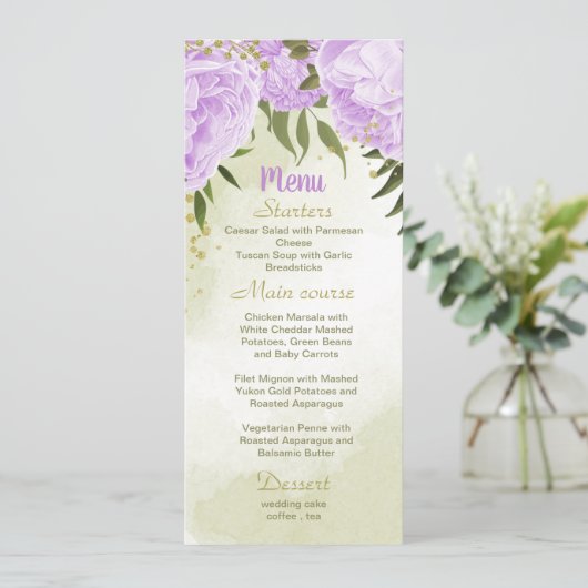 Menu fleurs violettes mariage vert (Debout devant)